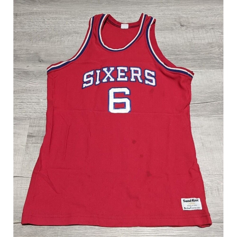 Vtg 80's Nylon Sand Knit Philly NBA 76ers SIXERS Jersey Julius Erving Dr J Sz L